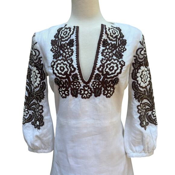 Tory Burch Beaded Mini Dress Tunic Sz 4 White Linen Brown Floral Embellished - Picture 2 of 16